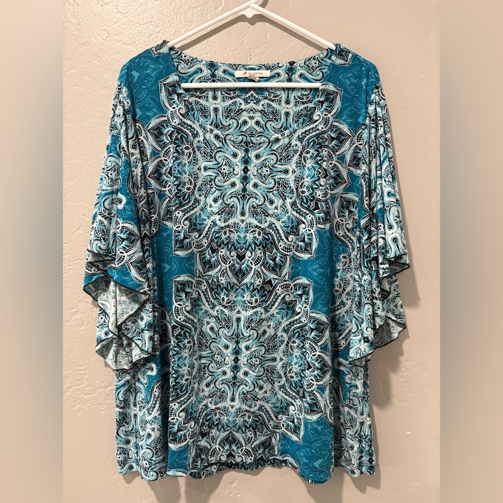 JM Collection Blue & White Short Sleeve Blouse